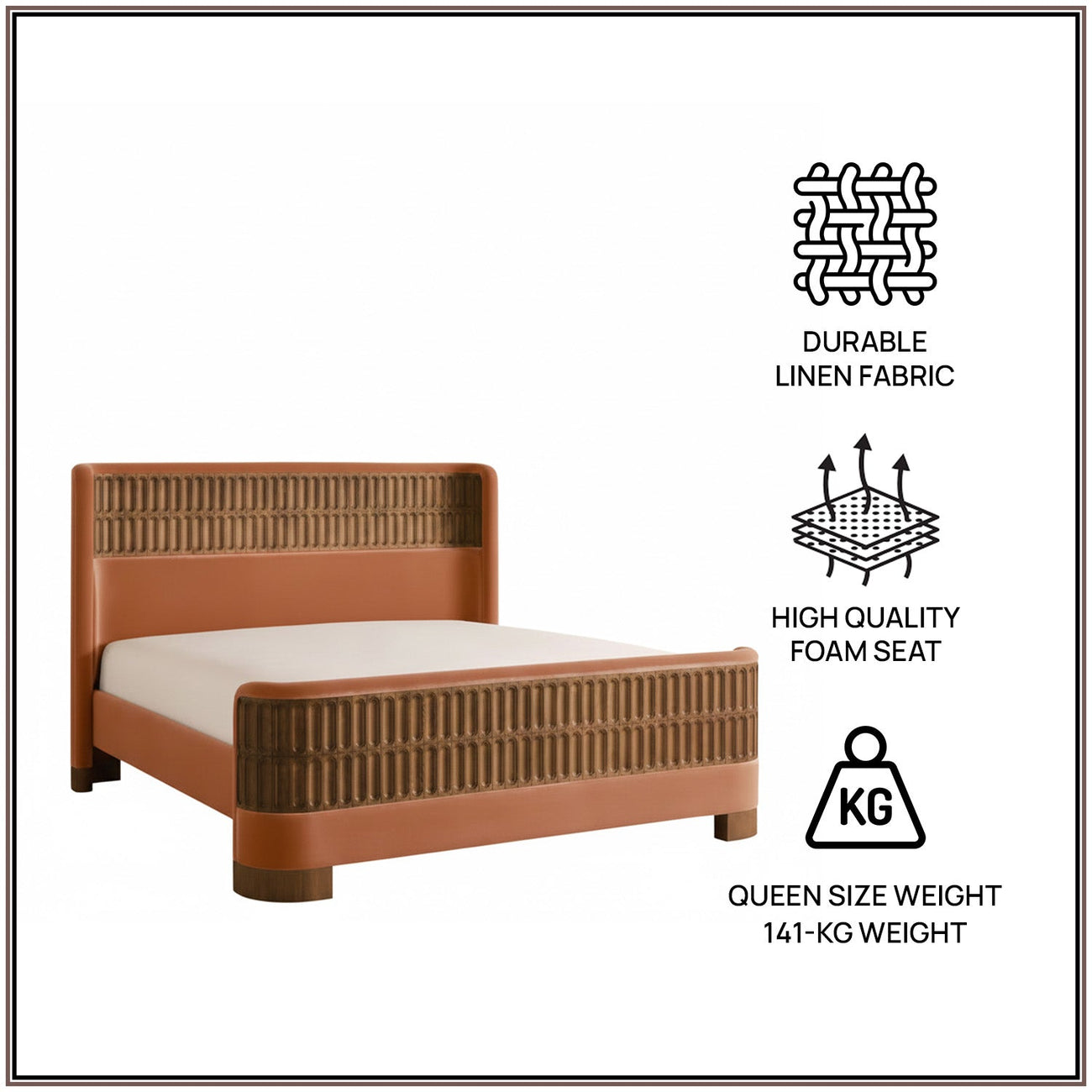 Heritage Cane Upholstered Queen Size Bed in Antique Rose Linen with Oak wood Frame