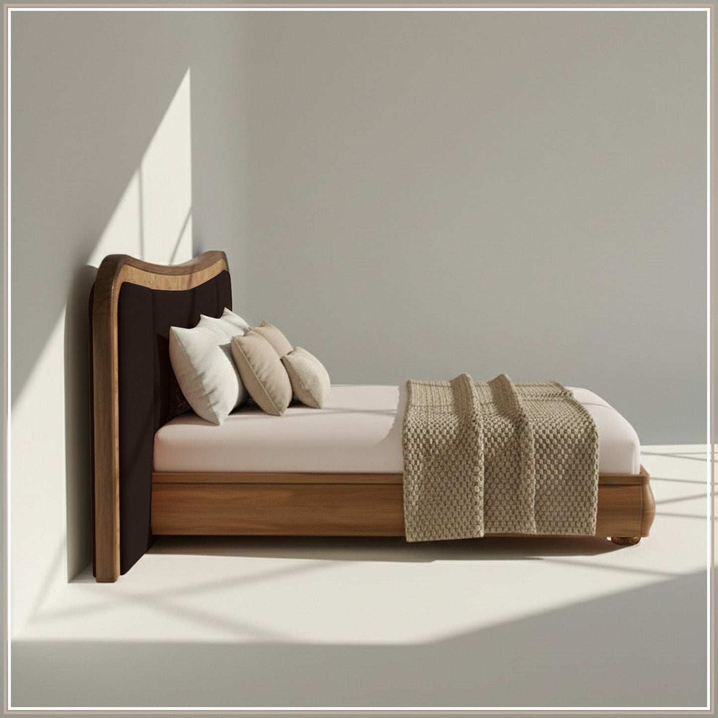 Elowen Softline Queen Size Bed in Chocolate Brown Velvet with Oak wood Frame & Hydraulic Storage