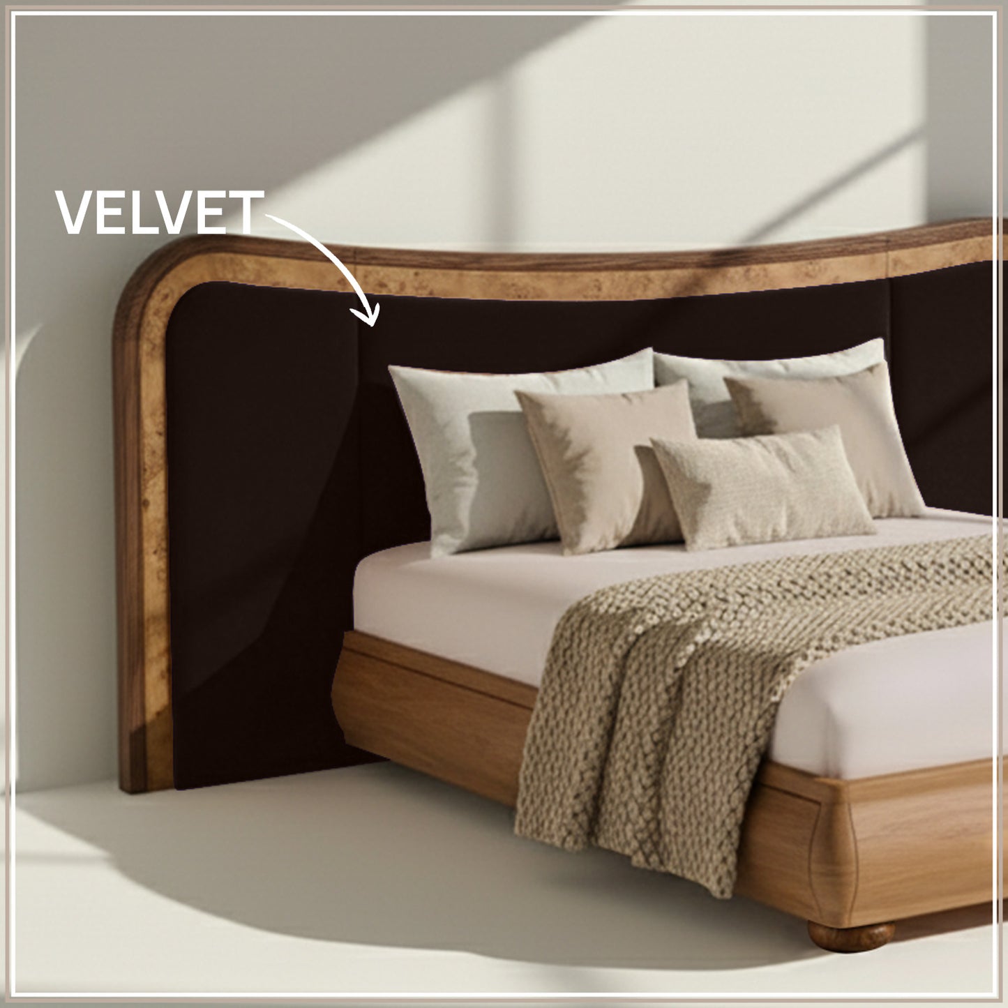 Elowen Softline Queen Size Bed in Chocolate Brown Velvet with Oak wood Frame & Hydraulic Storage