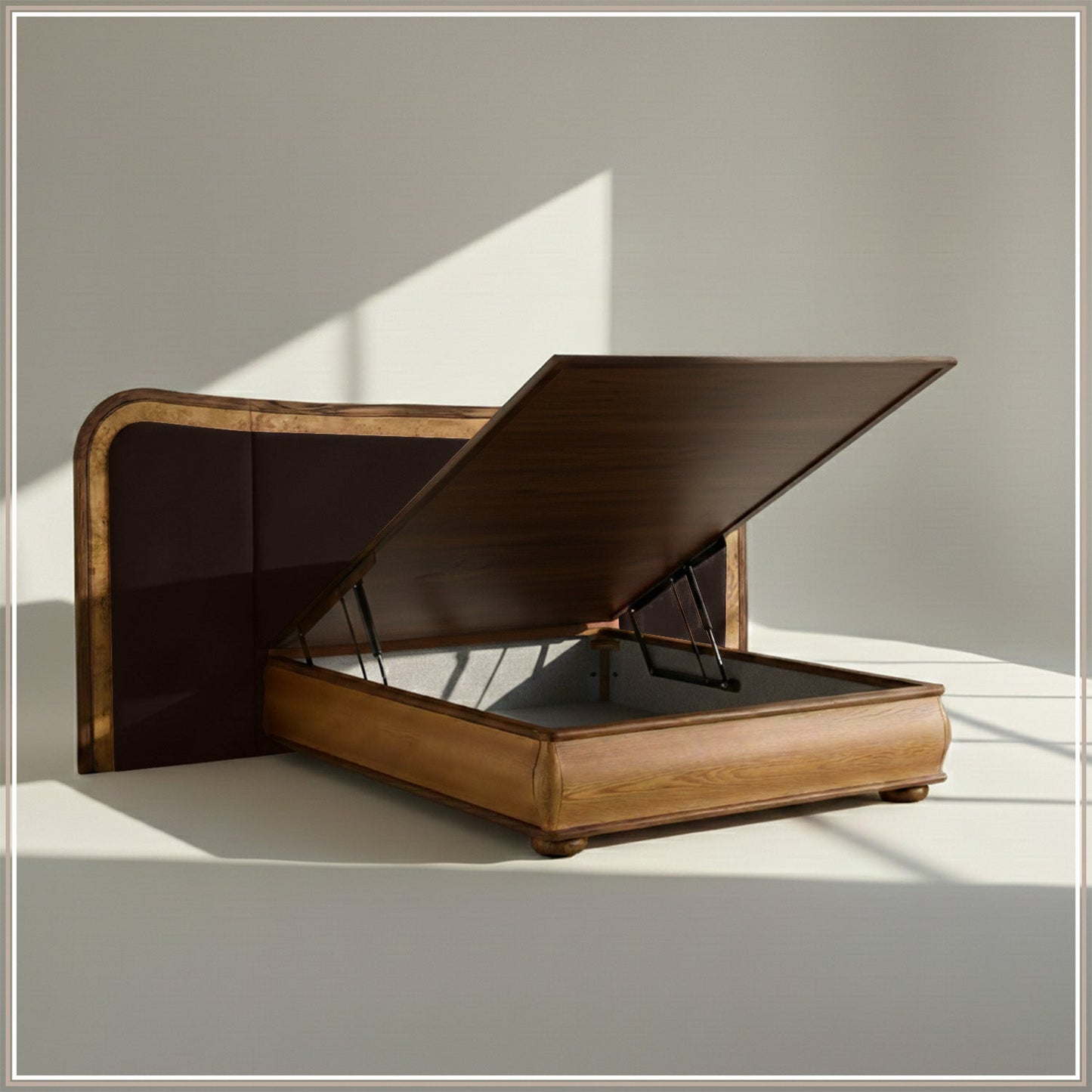Elowen Softline Queen Size Bed in Chocolate Brown Velvet with Oak wood Frame & Hydraulic Storage