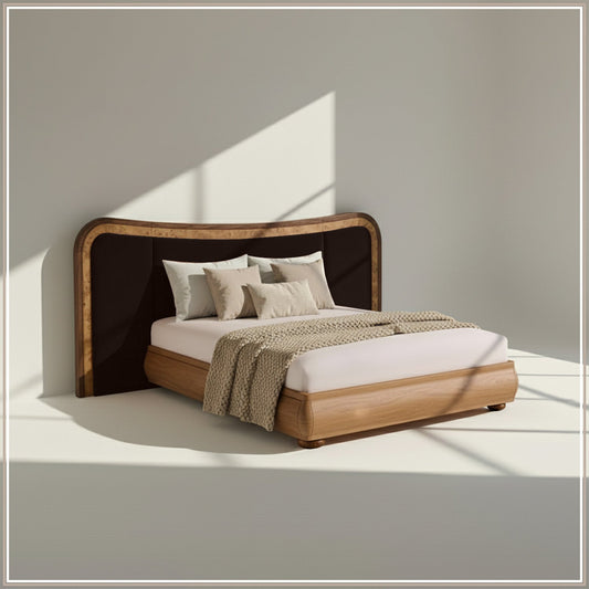 Elowen Softline King Size Bed in Chocolate Brown velvet With Oak wood Frame & Hydraulic Storage