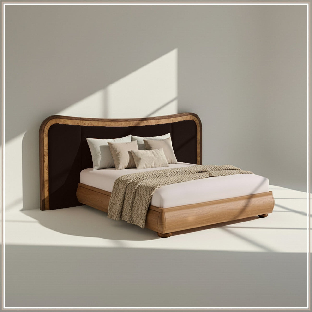 Elowen Softline King Size Bed in Chocolate Brown velvet With Oak wood Frame & Hydraulic Storage