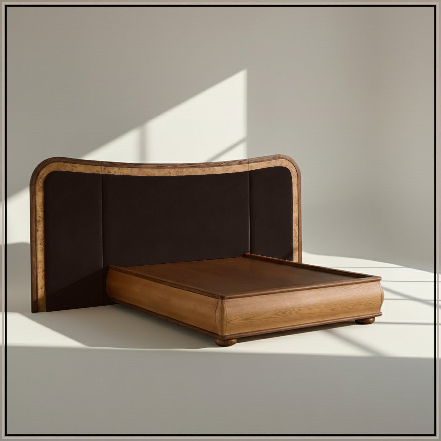Elowen Softline Queen Size Bed in Chocolate Brown Velvet with Oak wood Frame & Hydraulic Storage