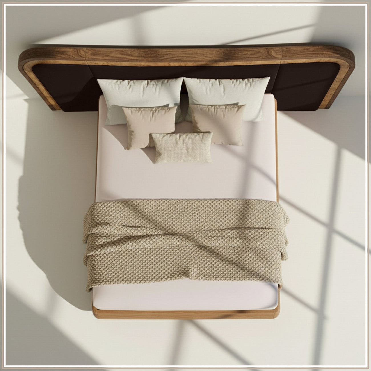 Elowen Softline King Size Bed in Chocolate Brown velvet With Oak wood Frame & Hydraulic Storage
