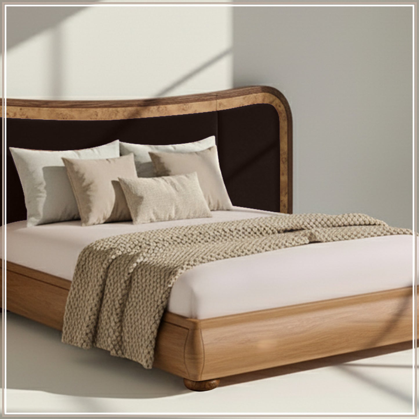 Elowen Softline King Size Bed in Chocolate Brown velvet With Oak wood Frame & Hydraulic Storage