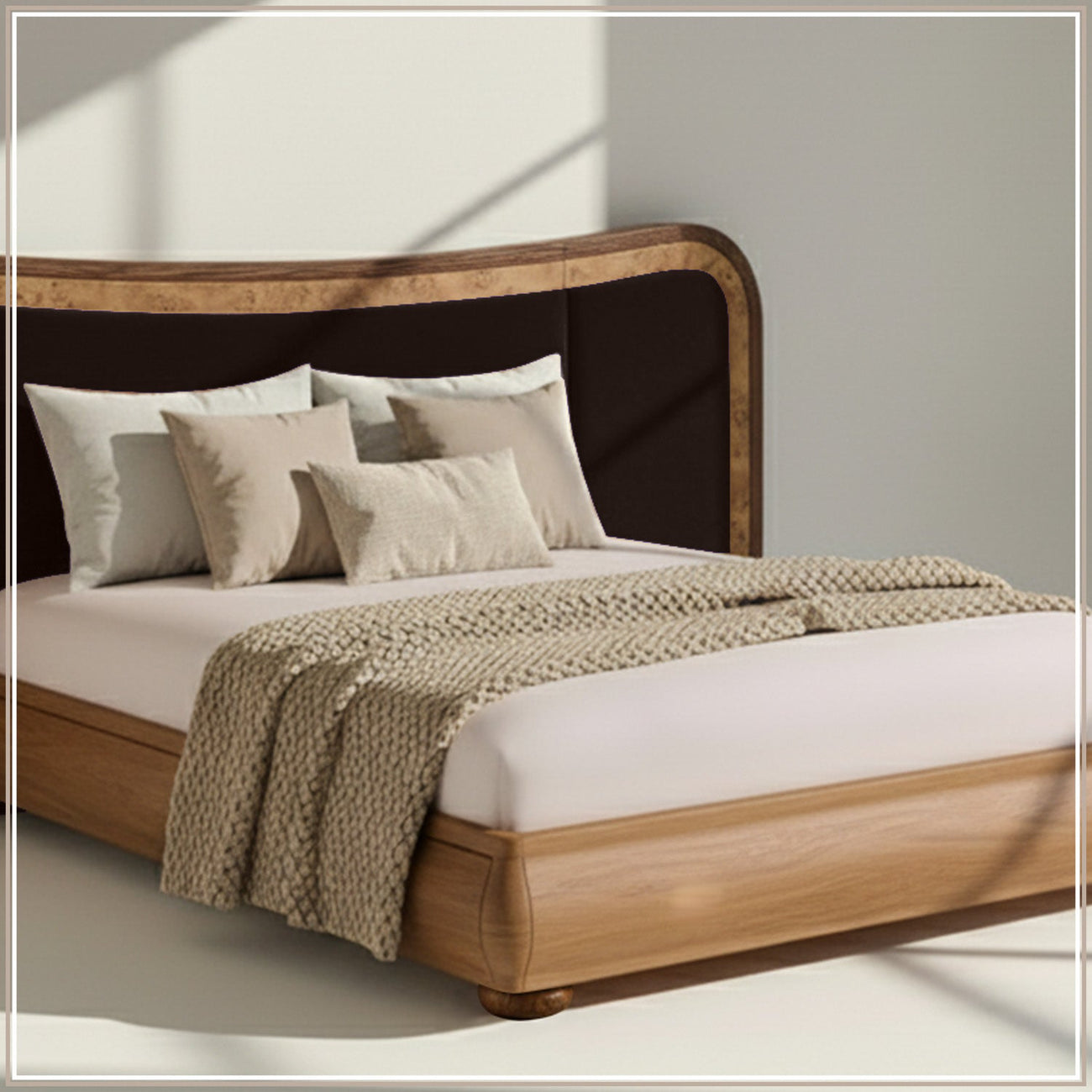 Elowen Softline King Size Bed in Chocolate Brown velvet With Oak wood Frame & Hydraulic Storage