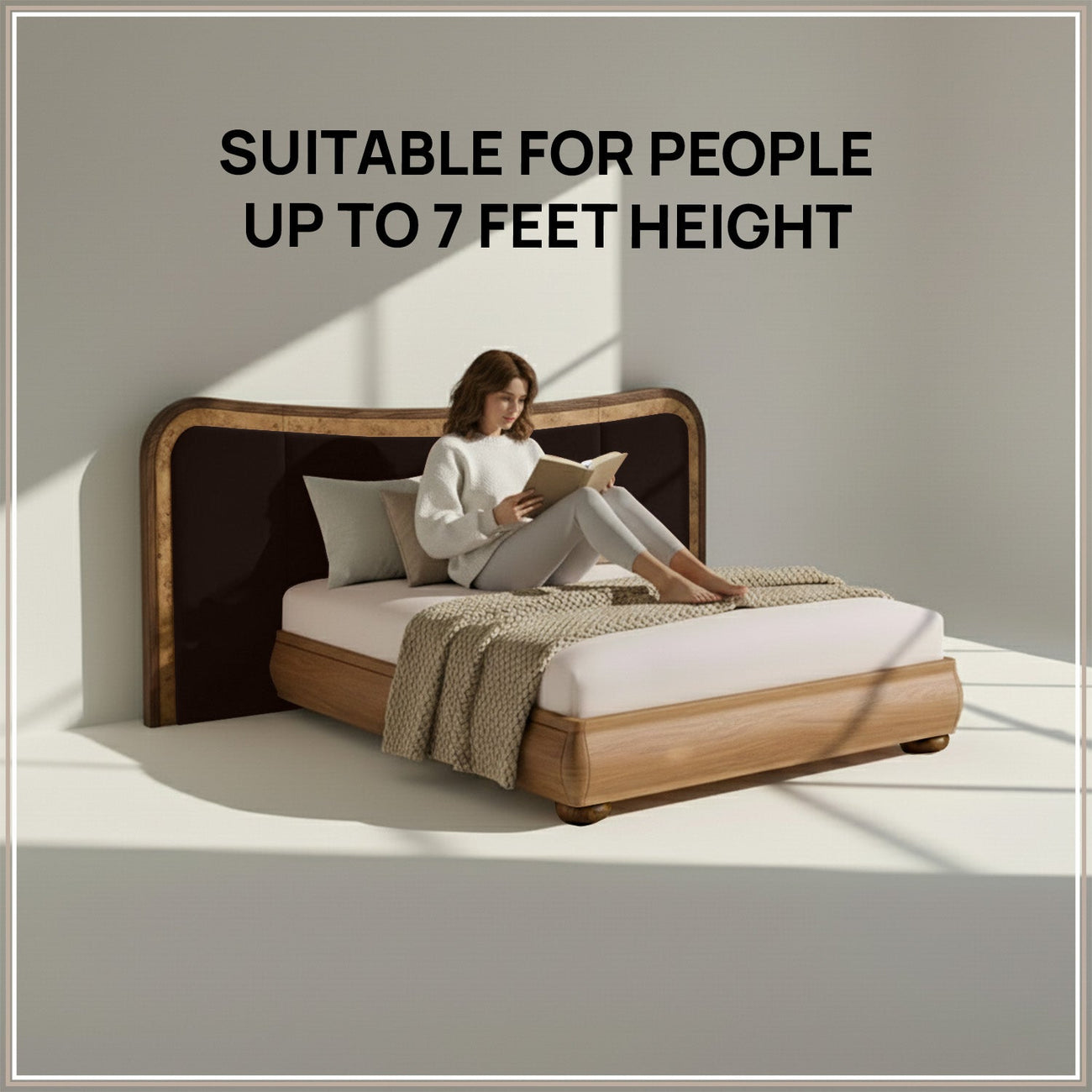Elowen Softline King Size Bed in Chocolate Brown velvet With Oak wood Frame & Hydraulic Storage