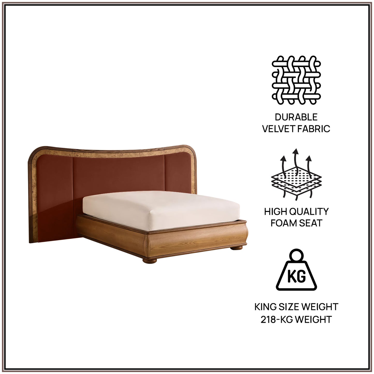 Elowen Softline King Size Bed in Rust Velvet with Oak wood Frame & Hydraulic Storage