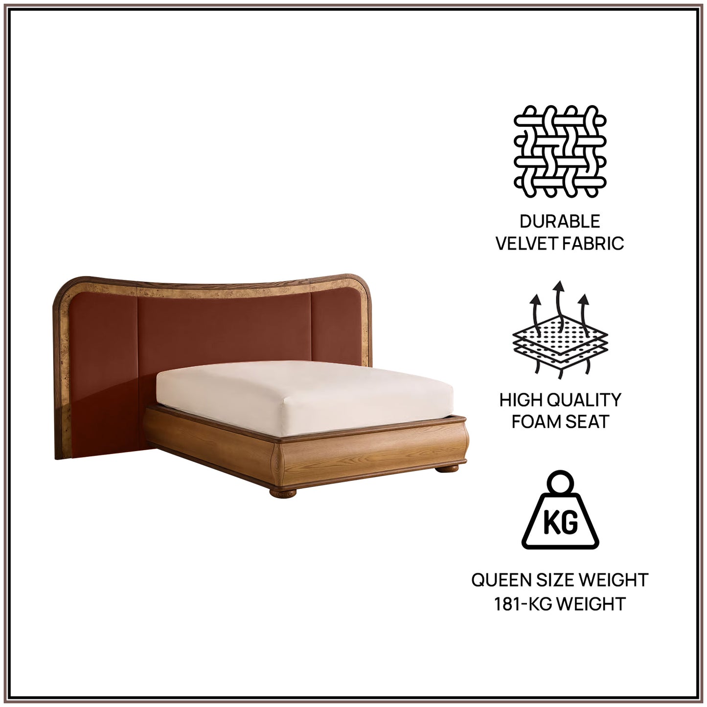 Elowen Softline Queen Size Bed in Rust Velvet with Oak wood Frame & Hydraulic Storage