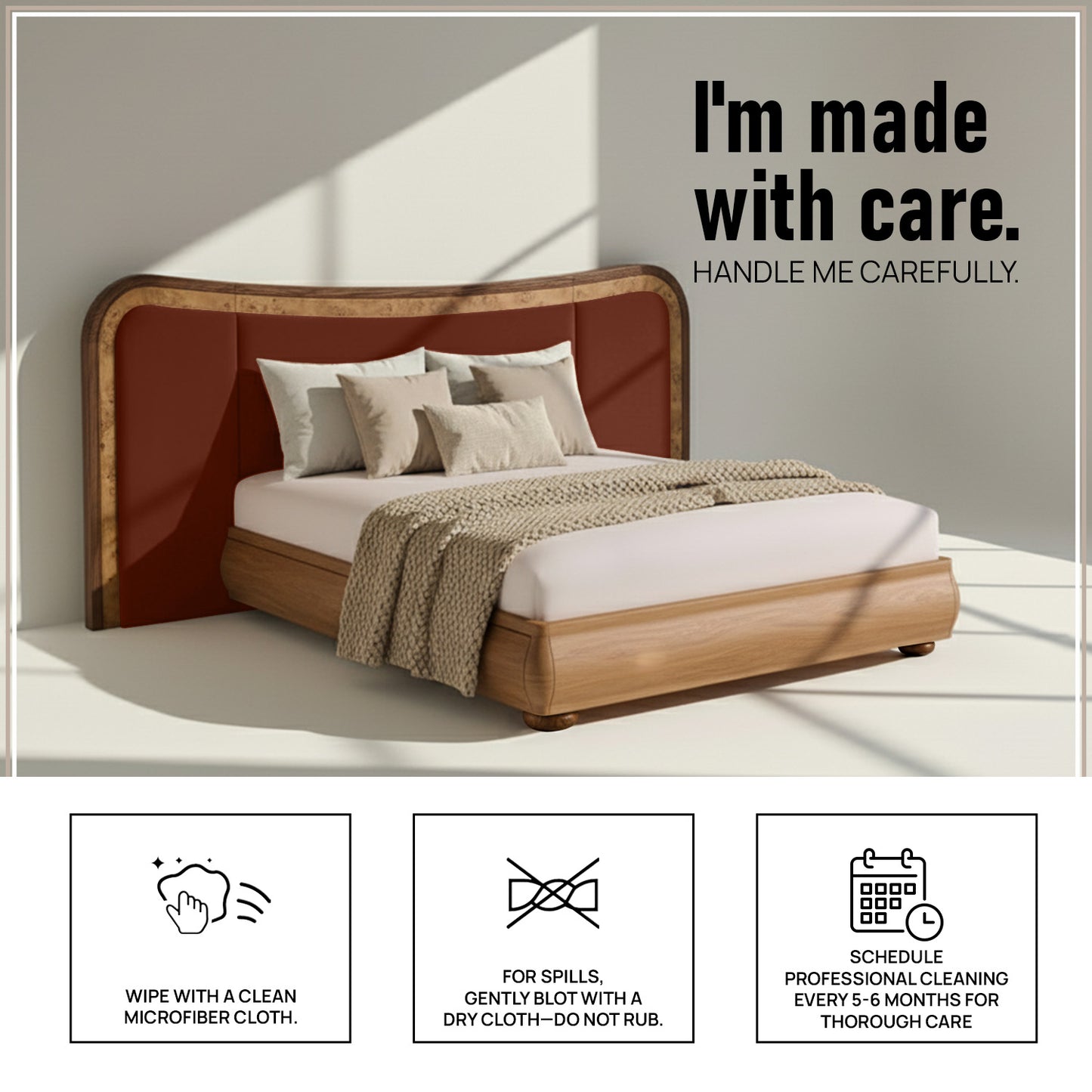 Elowen Softline Queen Size Bed in Rust Velvet with Oak wood Frame & Hydraulic Storage