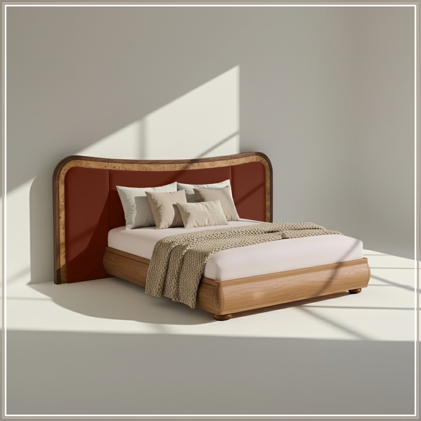 Elowen Softline King Size Bed in Rust Velvet with Oak wood Frame & Hydraulic Storage
