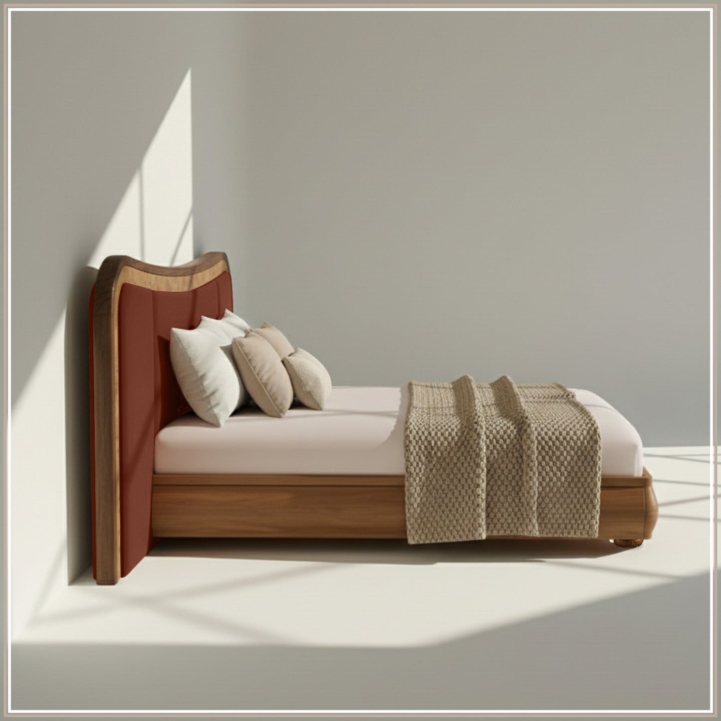 Elowen Softline Queen Size Bed in Rust Velvet with Oak wood Frame & Hydraulic Storage
