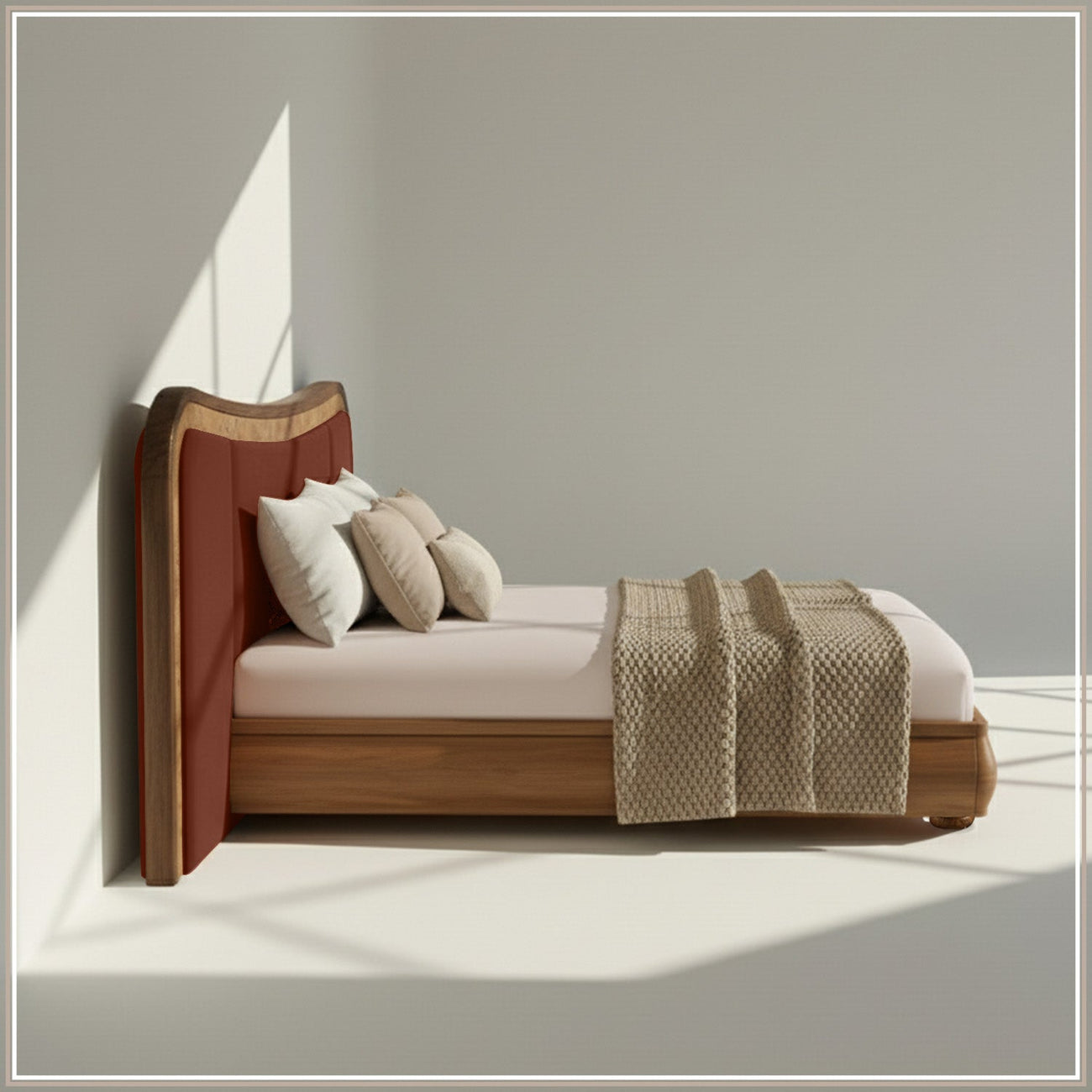 Elowen Softline King Size Bed in Rust Velvet with Oak wood Frame & Hydraulic Storage