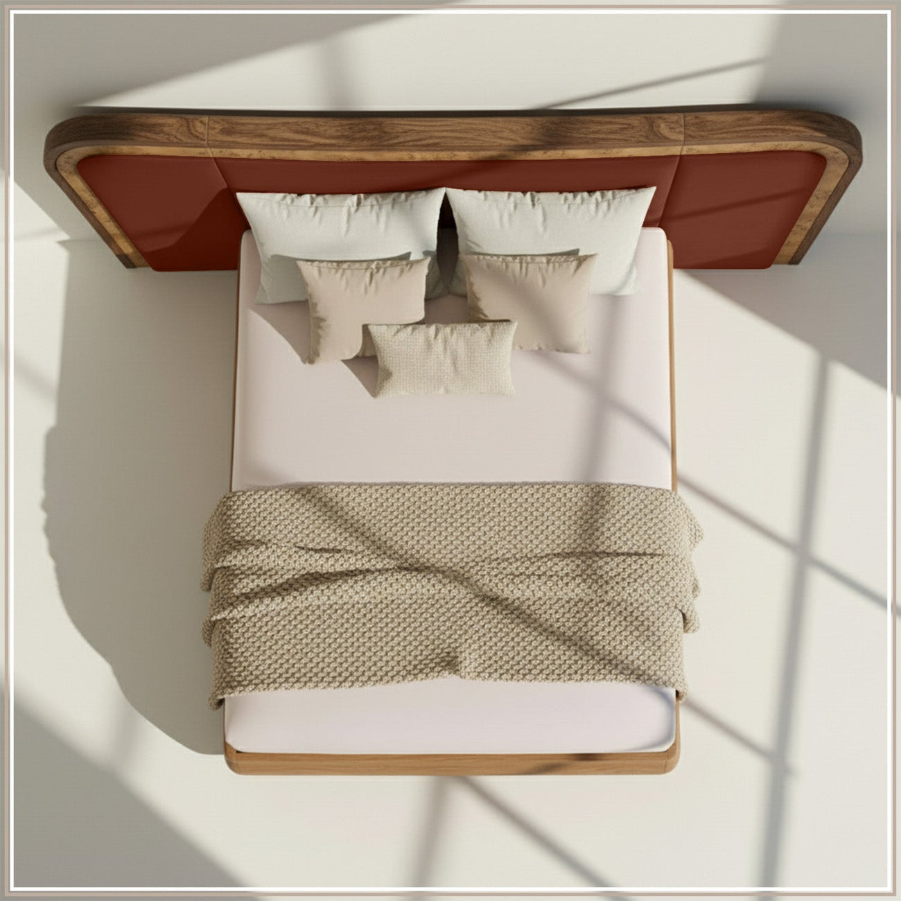 Elowen Softline Queen Size Bed in Rust Velvet with Oak wood Frame & Hydraulic Storage