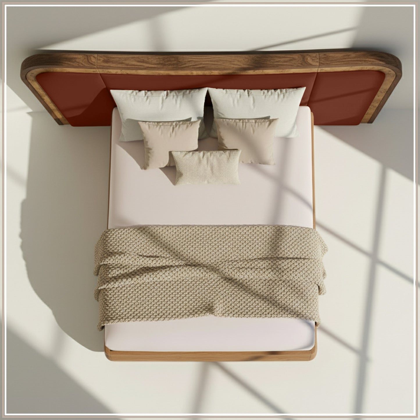 Elowen Softline King Size Bed in Rust Velvet with Oak wood Frame & Hydraulic Storage