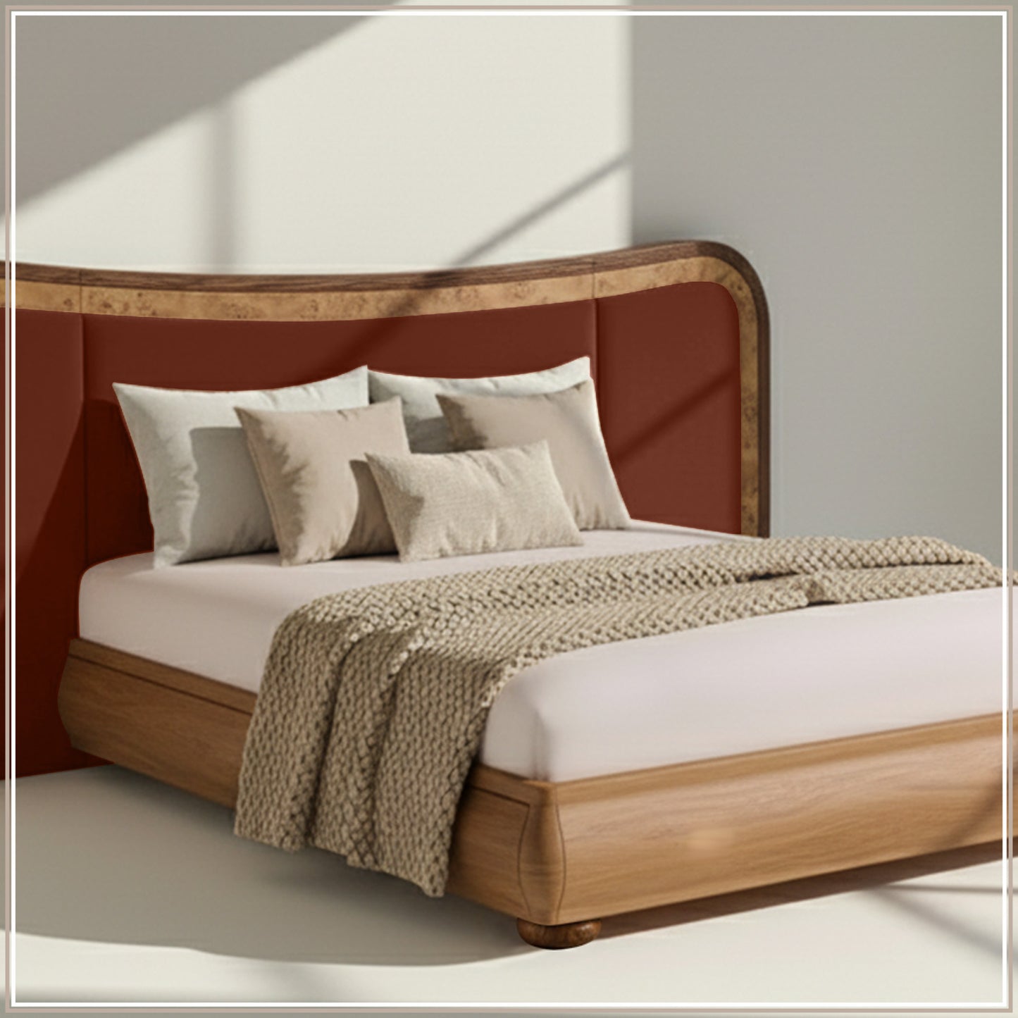 Elowen Softline Queen Size Bed in Rust Velvet with Oak wood Frame & Hydraulic Storage