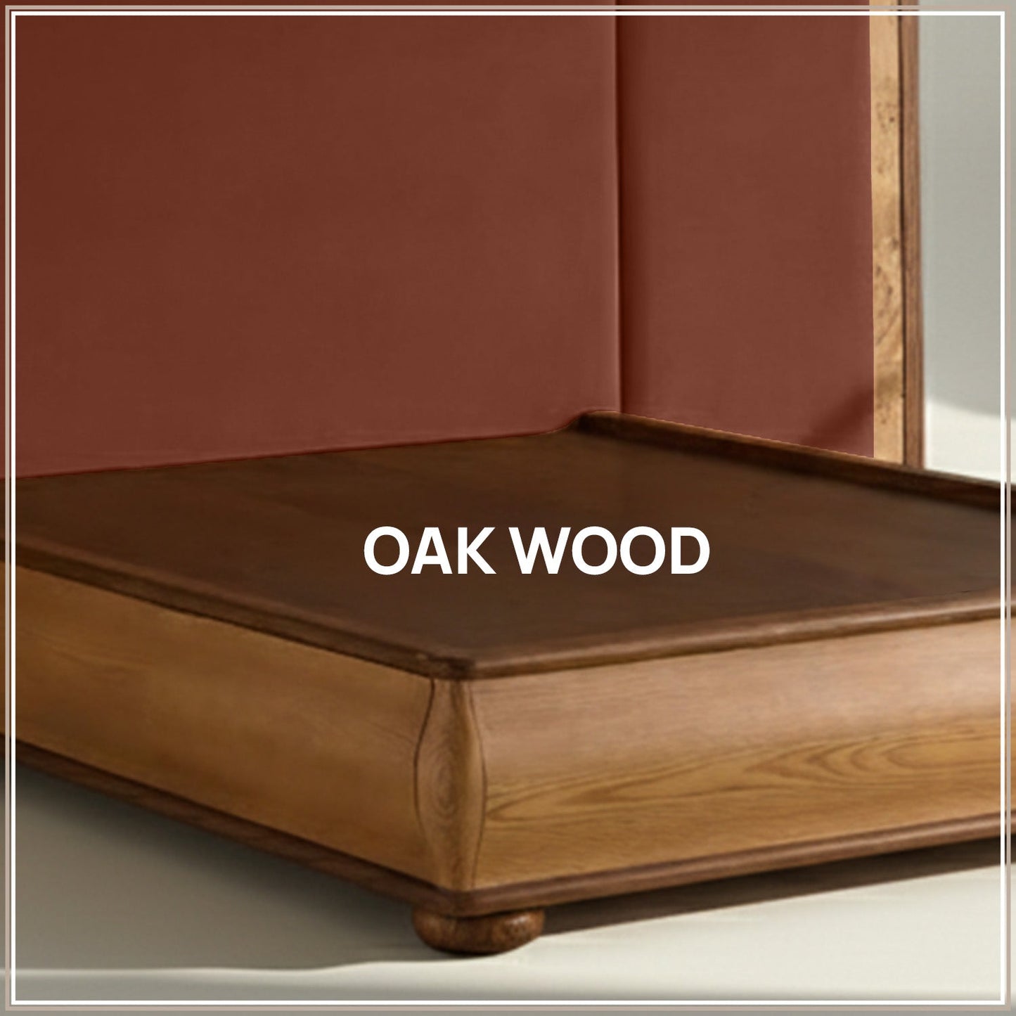 Elowen Softline Queen Size Bed in Rust Velvet with Oak wood Frame & Hydraulic Storage