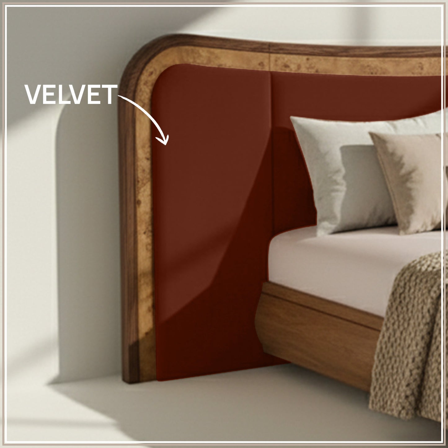 Elowen Softline Queen Size Bed in Rust Velvet with Oak wood Frame & Hydraulic Storage