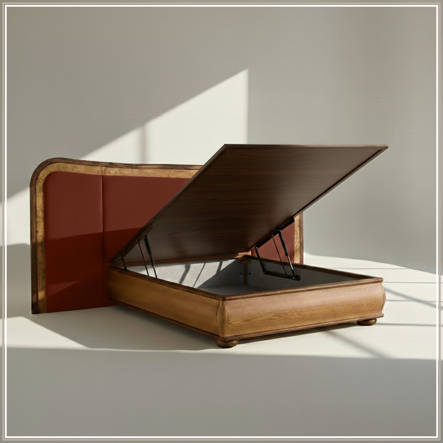 Elowen Softline Queen Size Bed in Rust Velvet with Oak wood Frame & Hydraulic Storage