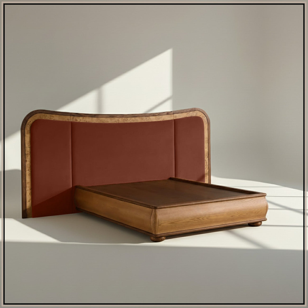 Elowen Softline Queen Size Bed in Rust Velvet with Oak wood Frame & Hydraulic Storage