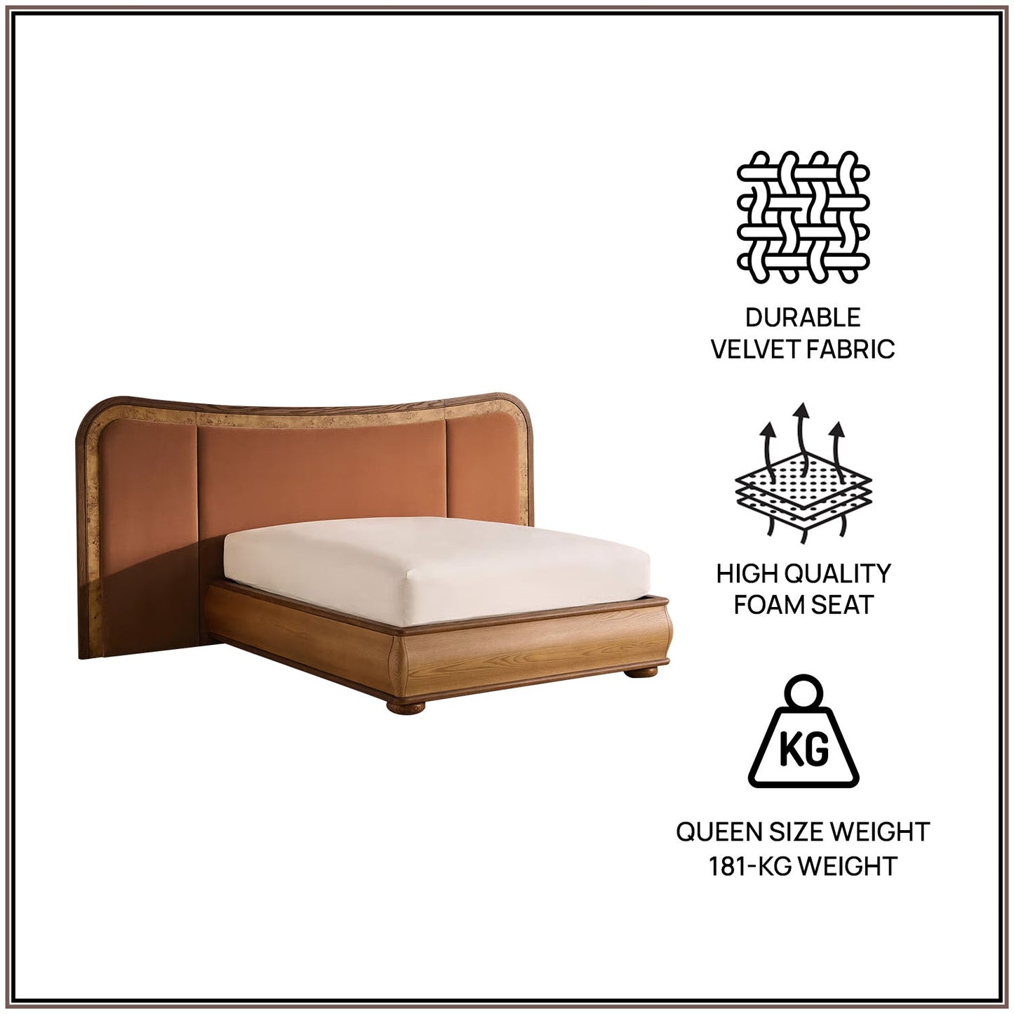 Elowen Softline Queen Size Bed in Antique Rose Velvet with Oak wood Frame & Hydraulic Storage