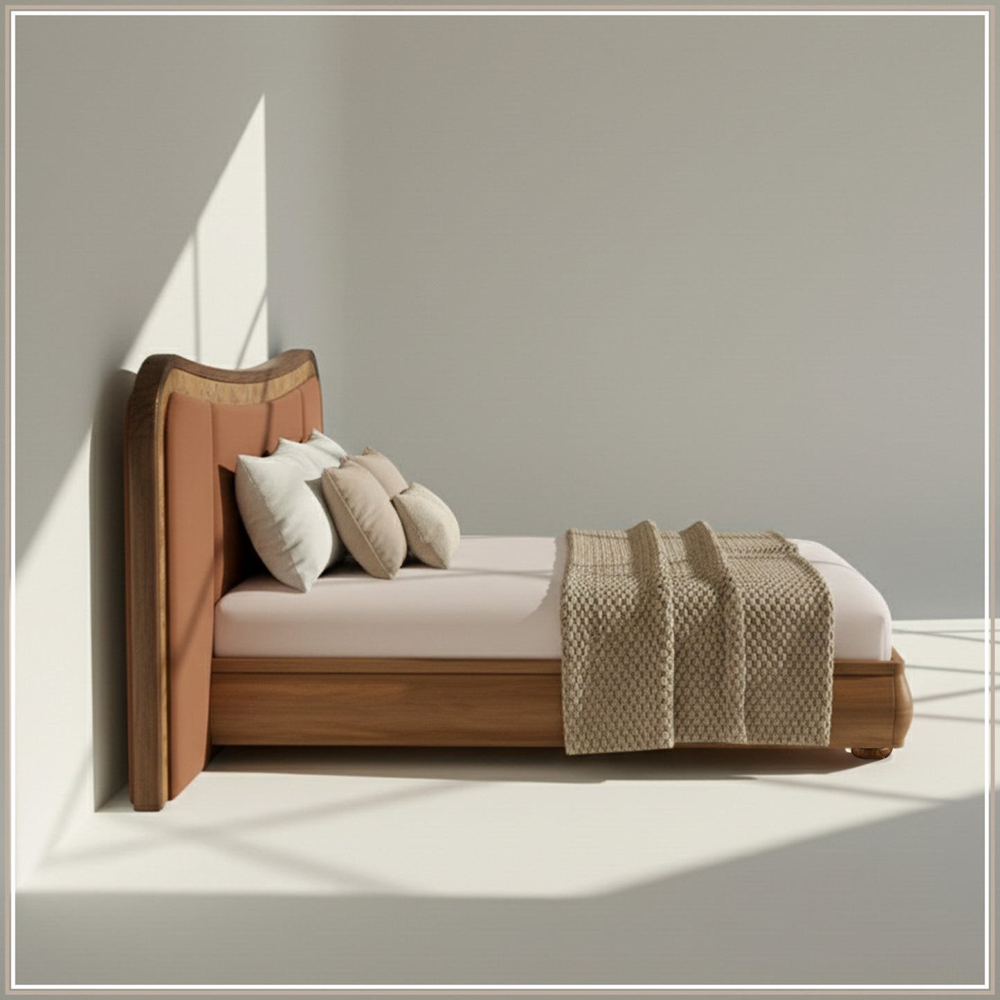 Elowen Softline Queen Size Bed in Antique Rose Velvet with Oak wood Frame & Hydraulic Storage