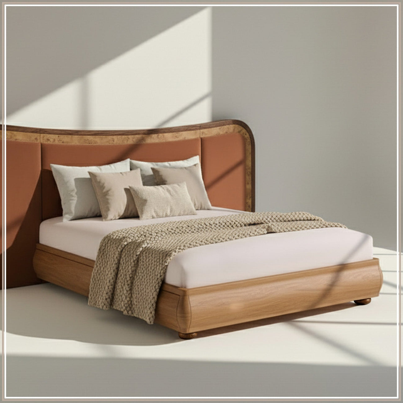 Elowen Softline King Size Bed in Antique Rose velvet With Oak wood Frame & Hydraulic Storage