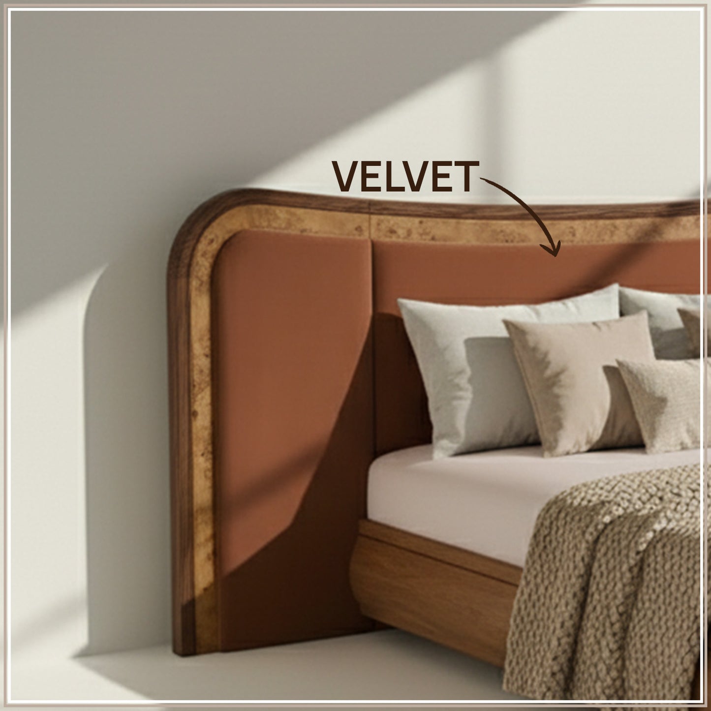Elowen Softline King Size Bed in Antique Rose velvet With Oak wood Frame & Hydraulic Storage