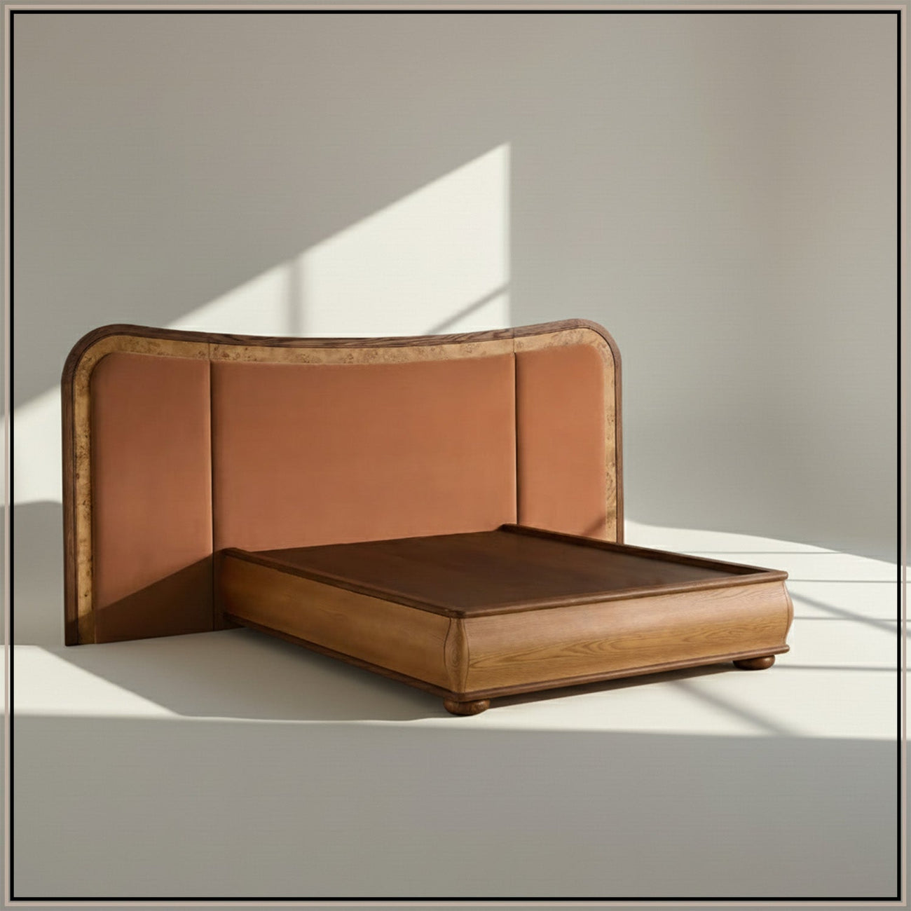 Elowen Softline Queen Size Bed in Antique Rose Velvet with Oak wood Frame & Hydraulic Storage