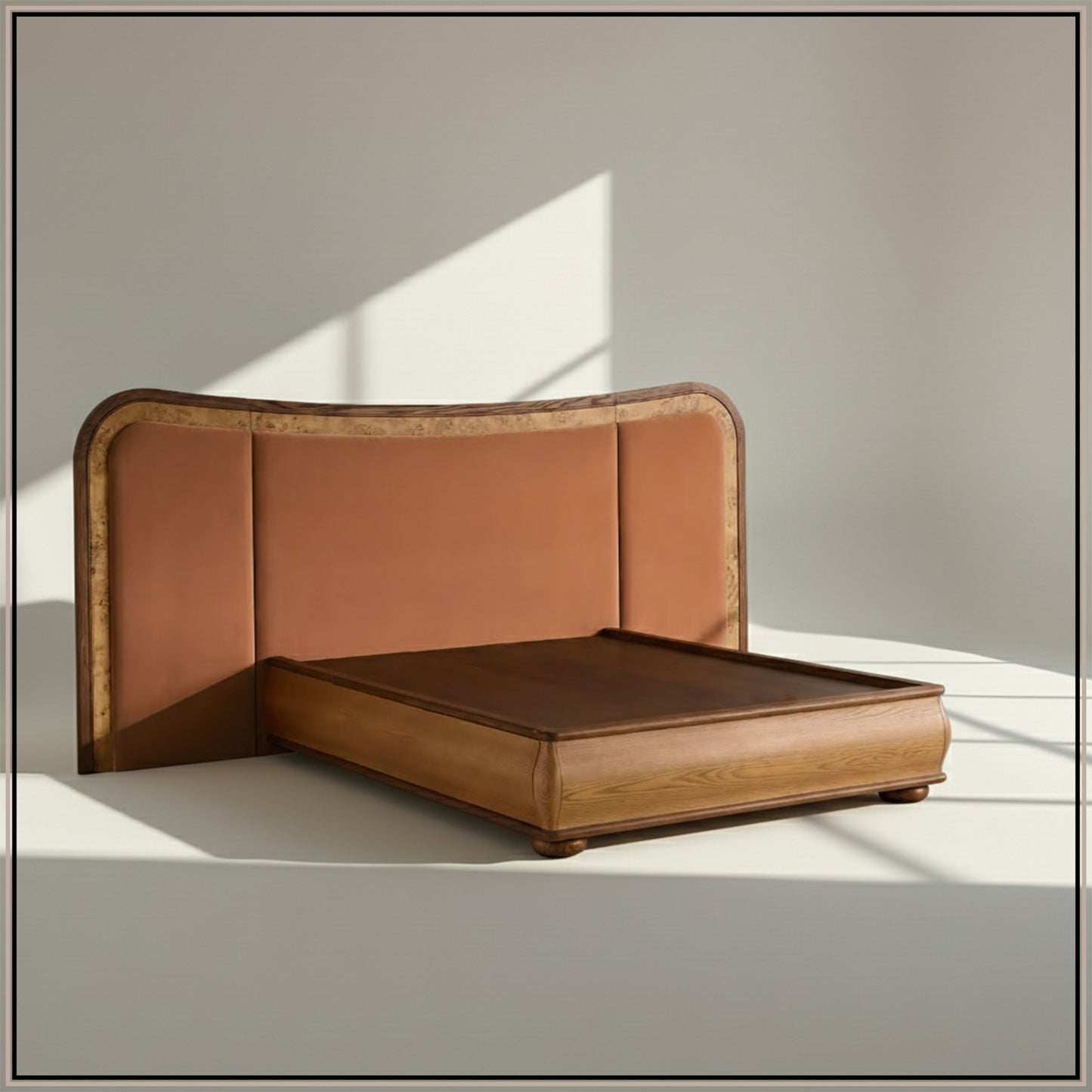 Elowen Softline King Size Bed in Antique Rose velvet With Oak wood Frame & Hydraulic Storage