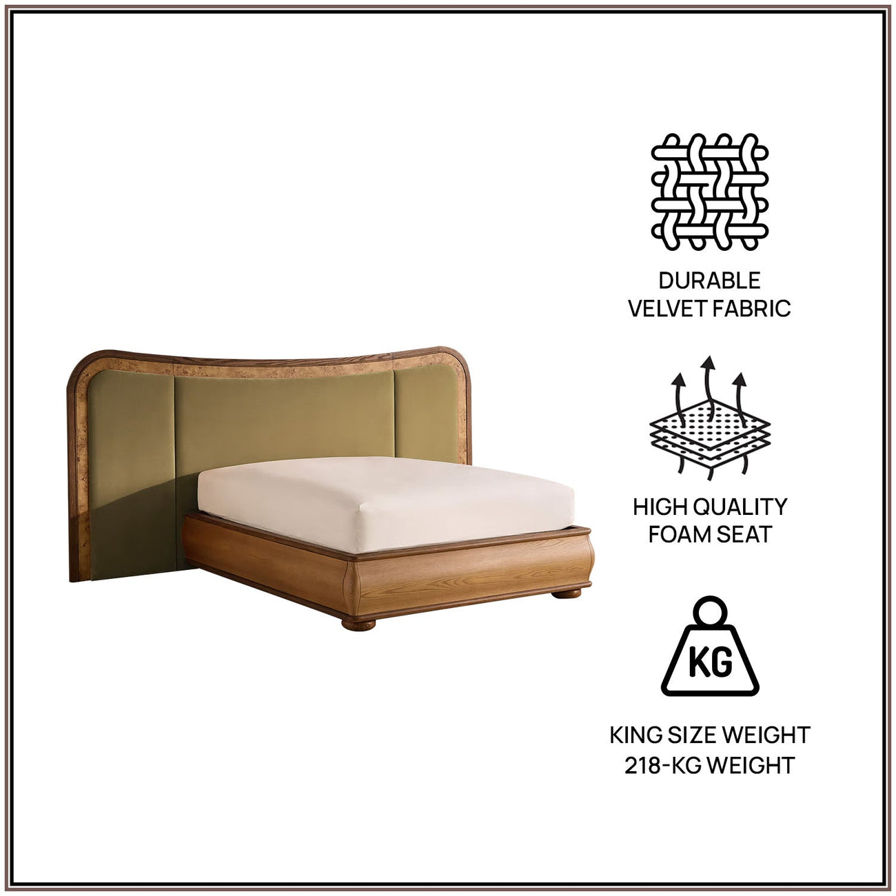 Elowen Softline King Size Bed in Lichen Velvet with Oak wood Frame & Hydraulic Storage