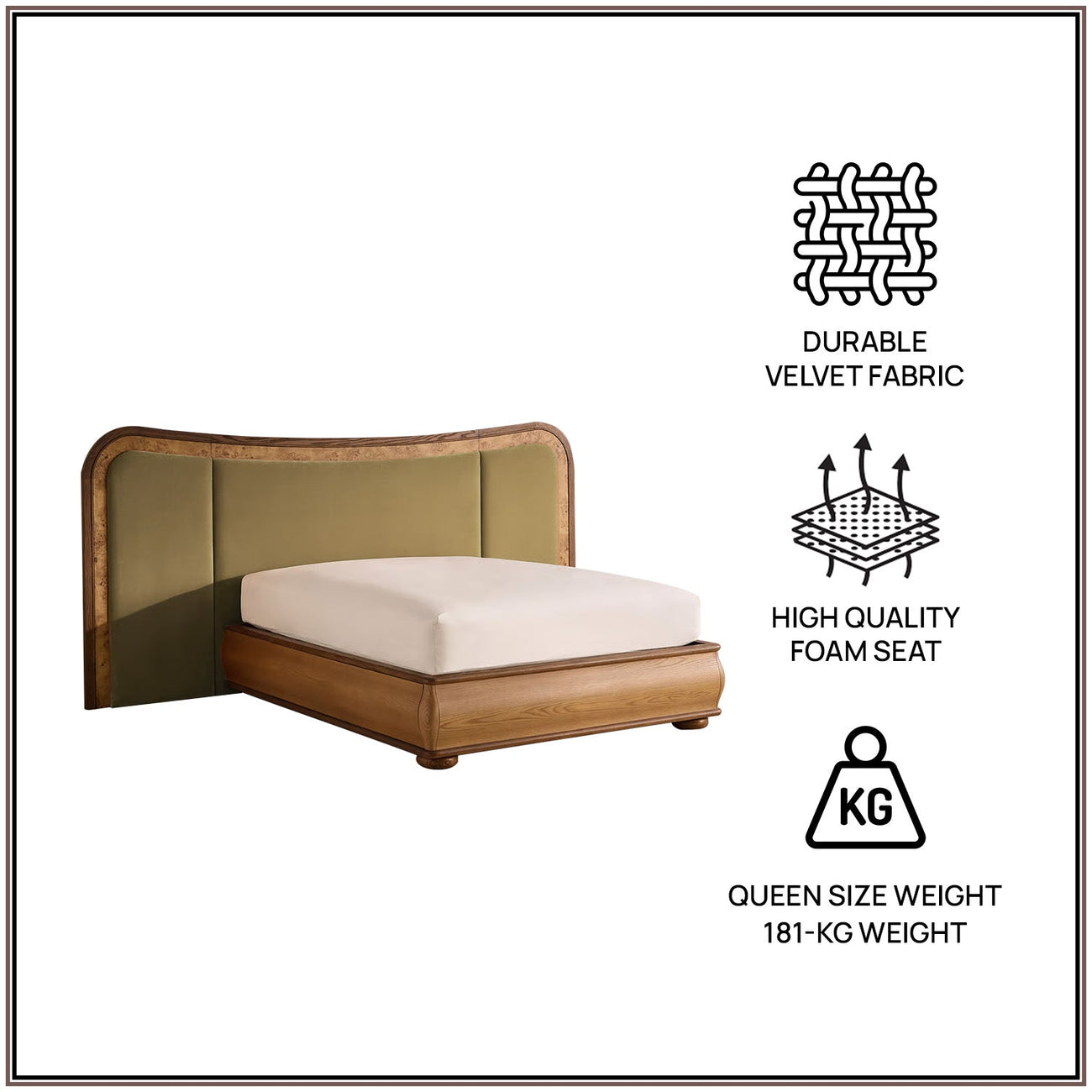Elowen Softline Queen Size Bed in Lichen Velvet with Oak wood Frame & Hydraulic Storage