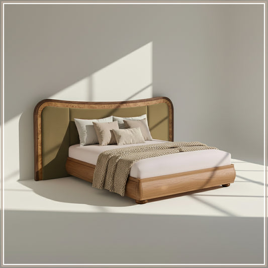 Elowen Softline Queen Size Bed in Lichen Velvet with Oak wood Frame & Hydraulic Storage