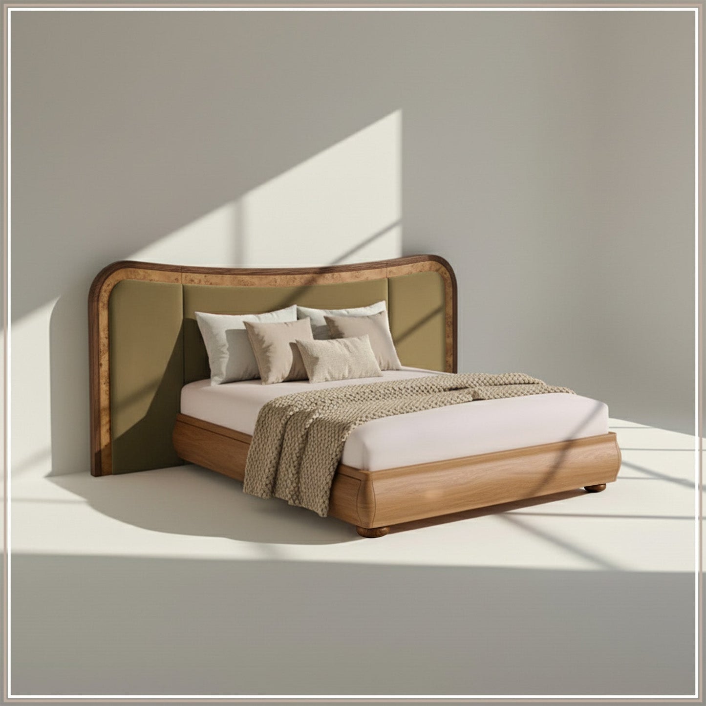 Elowen Softline Queen Size Bed in Lichen Velvet with Oak wood Frame & Hydraulic Storage