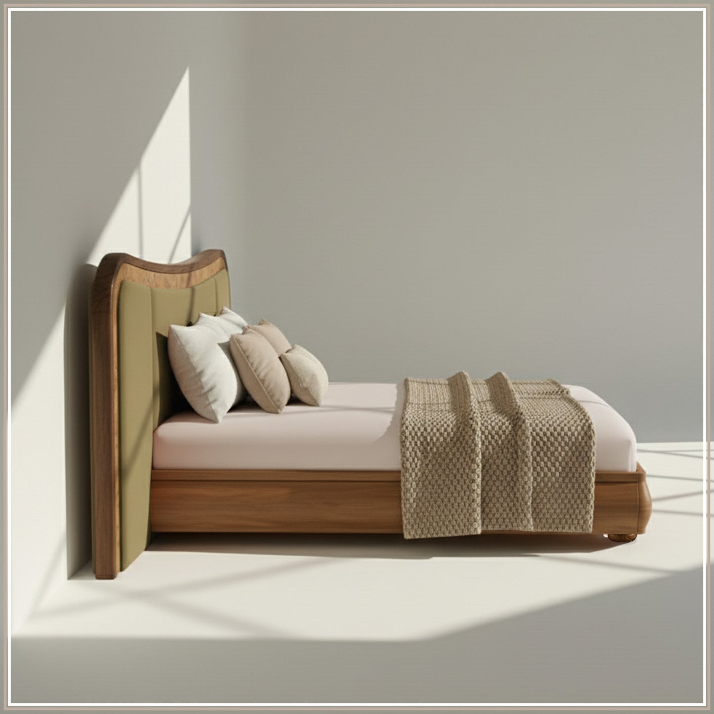 Elowen Softline King Size Bed in Lichen Velvet with Oak wood Frame & Hydraulic Storage