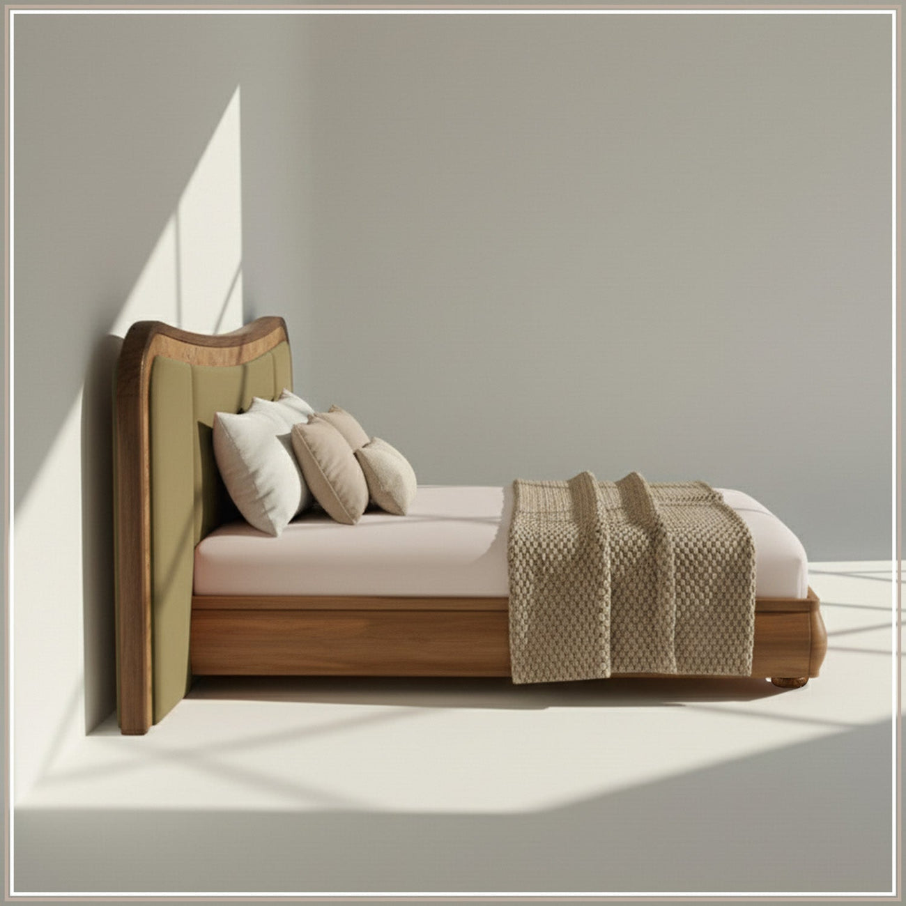Elowen Softline Queen Size Bed in Lichen Velvet with Oak wood Frame & Hydraulic Storage
