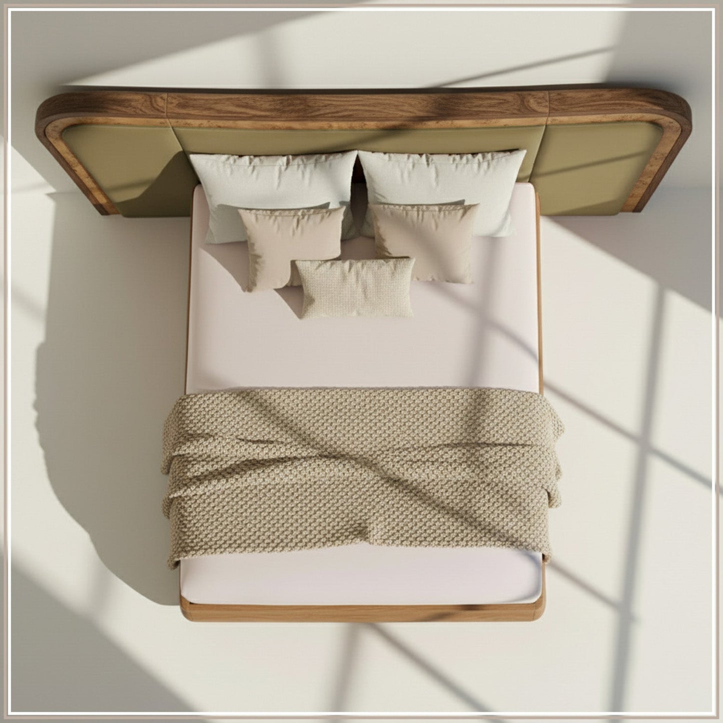 Elowen Softline Queen Size Bed in Lichen Velvet with Oak wood Frame & Hydraulic Storage