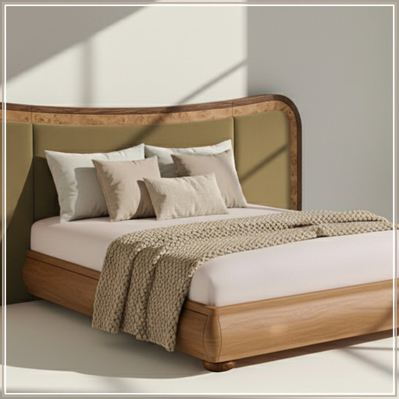 Elowen Softline Queen Size Bed in Lichen Velvet with Oak wood Frame & Hydraulic Storage