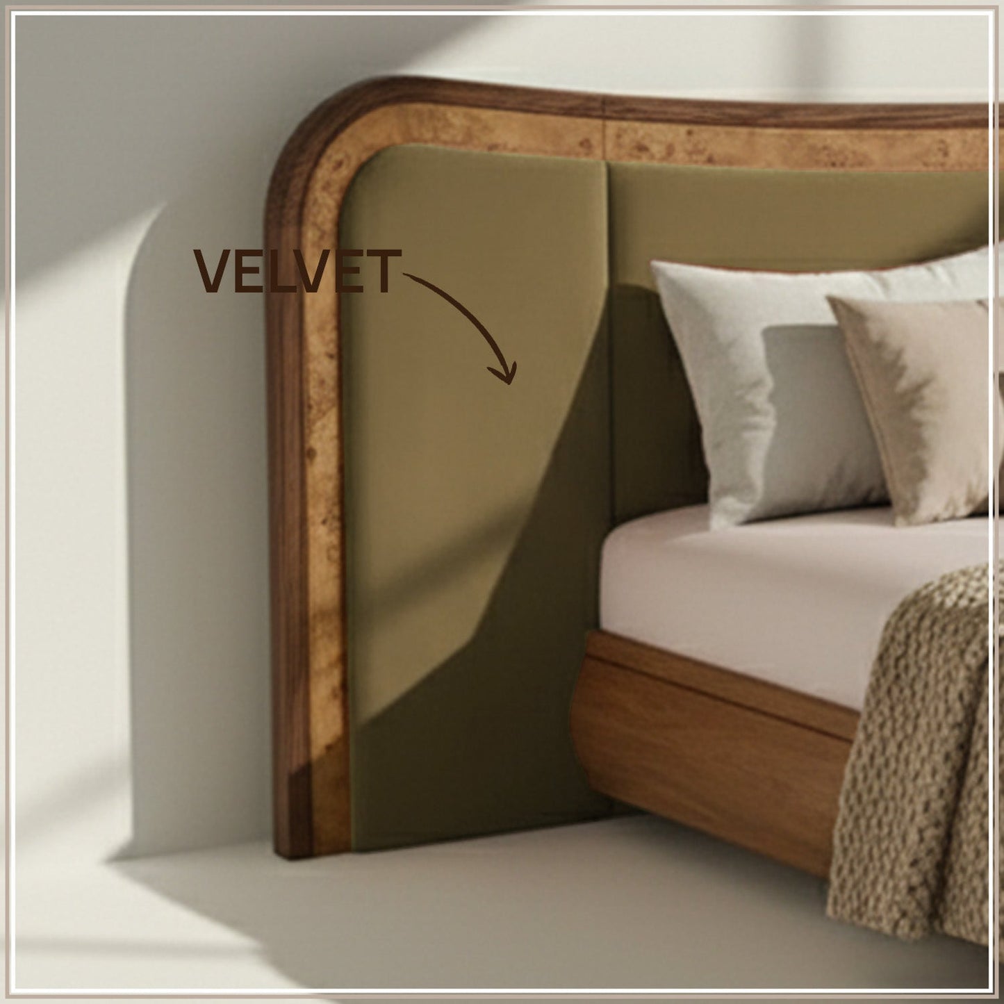 Elowen Softline Queen Size Bed in Lichen Velvet with Oak wood Frame & Hydraulic Storage
