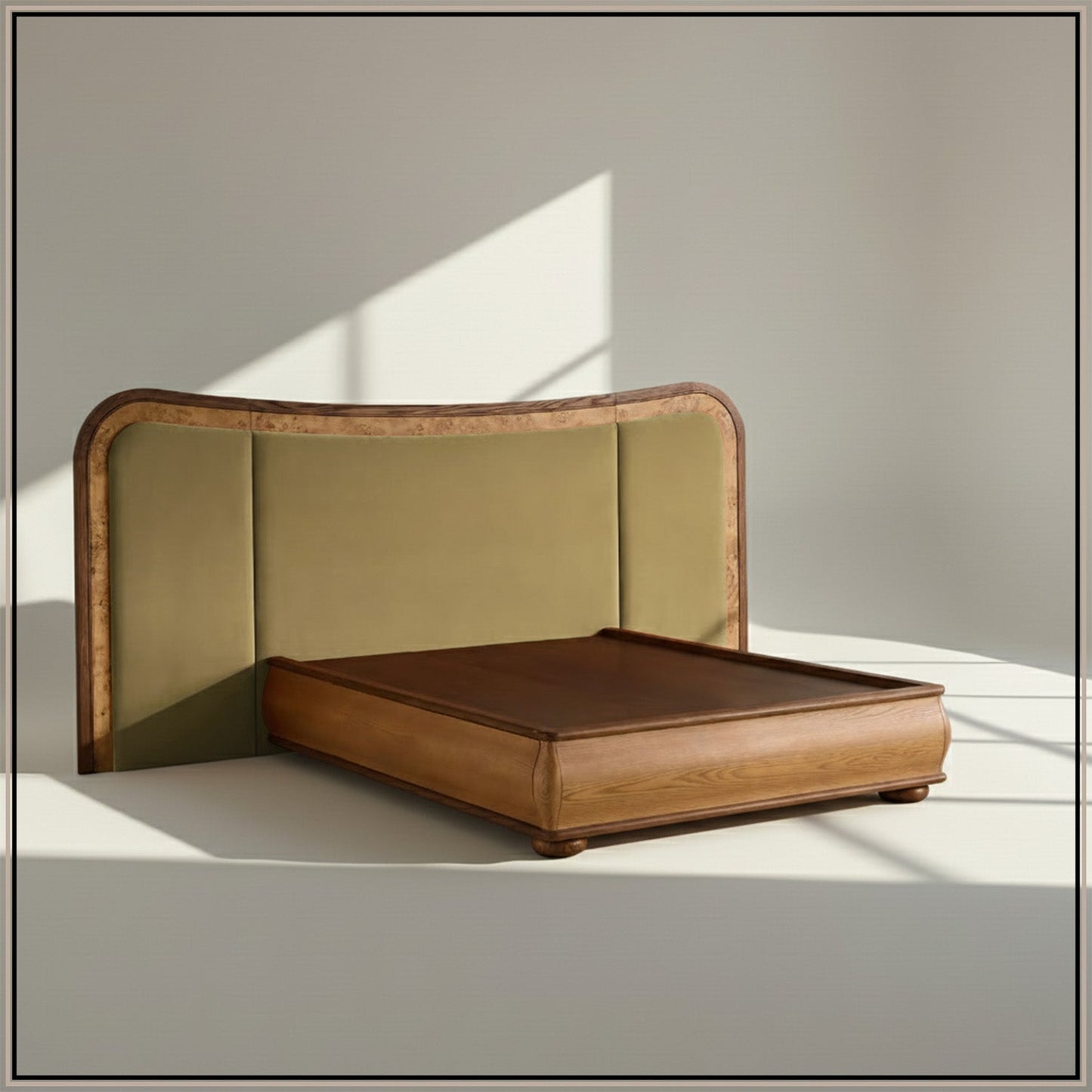 Elowen Softline Queen Size Bed in Lichen Velvet with Oak wood Frame & Hydraulic Storage