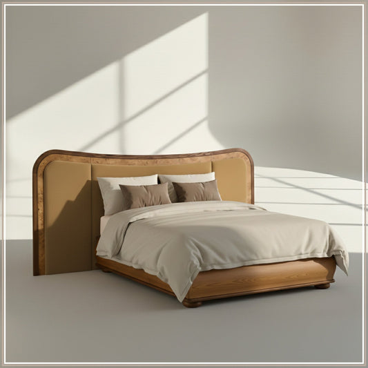 Elowen Softline King Size Bed in Camel Brown velvet With Oak wood Frame & Hydraulic Storage