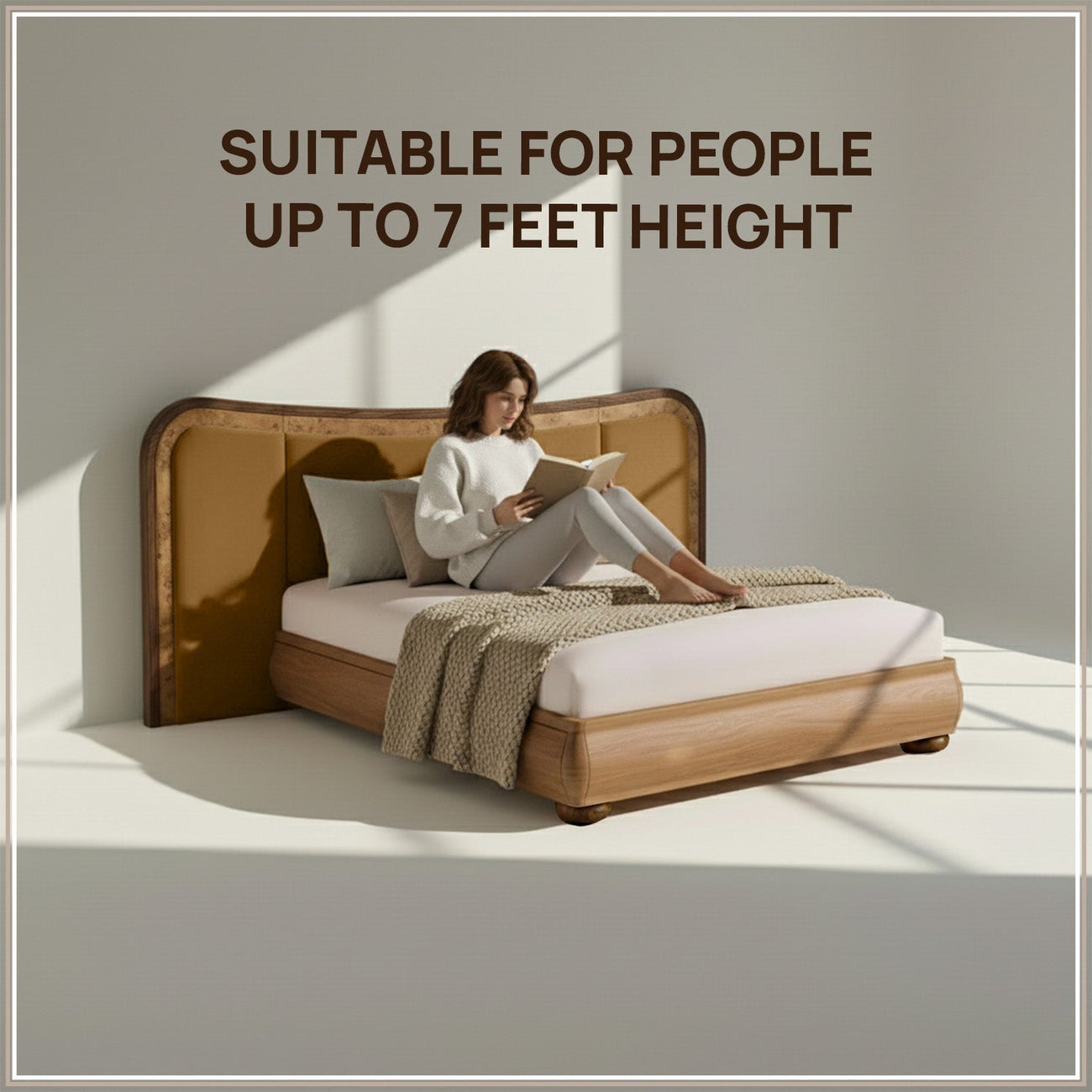 Elowen Softline Queen Size Bed in Camel Brown Velvet with Oak wood Frame & Hydraulic Storage