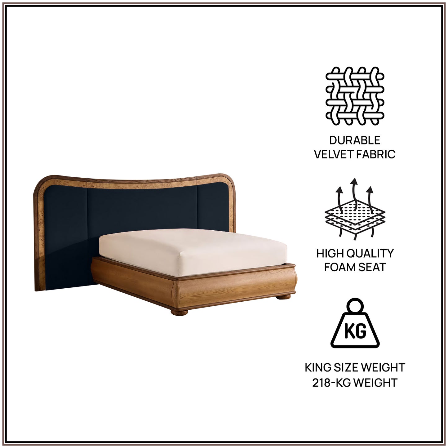 Elowen Softline King Size Bed in Royal Blue velvet With Oak wood Frame & Hydraulic Storage