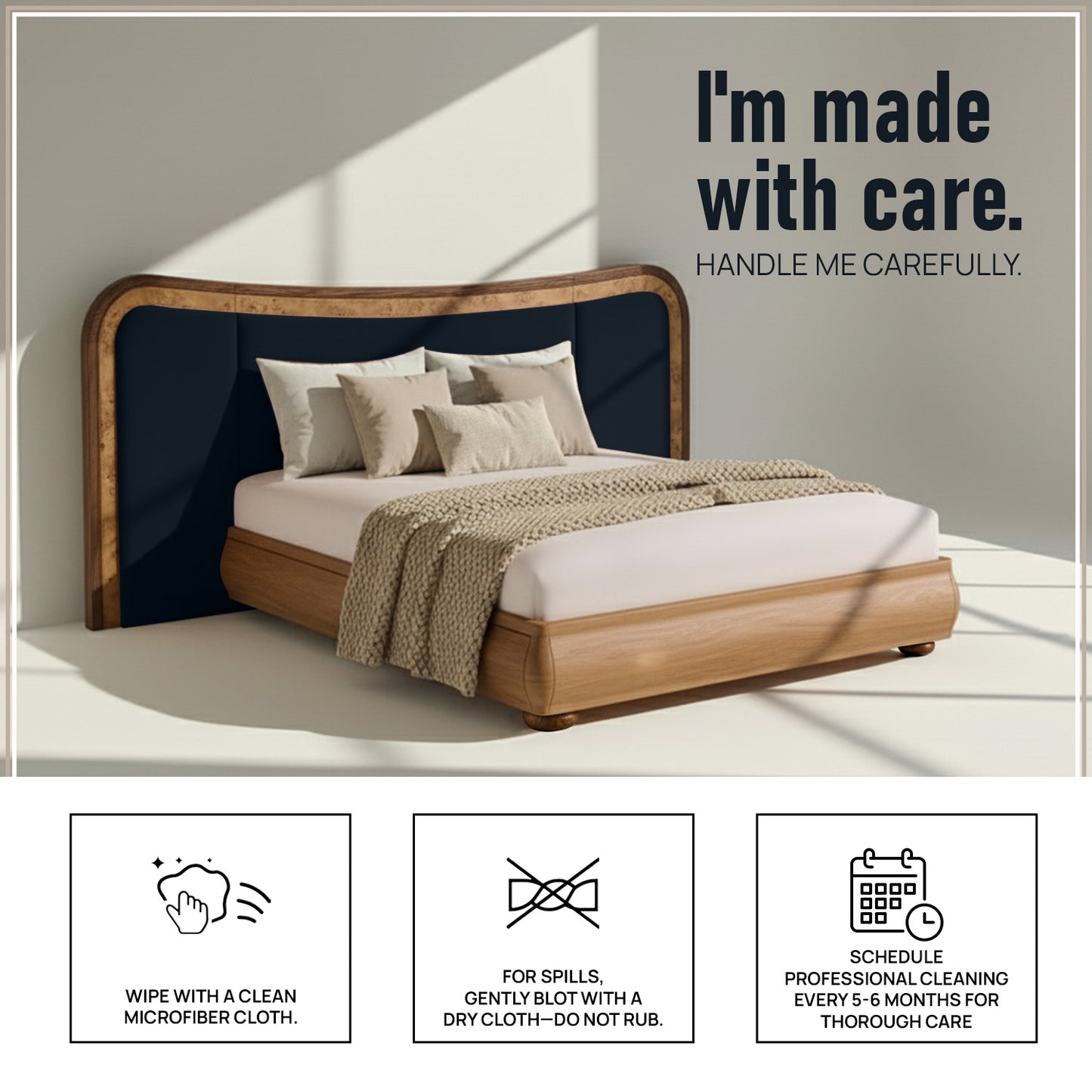 Elowen Softline Queen Size Bed in Royal Blue Velvet with Oak wood Frame & Hydraulic Storage
