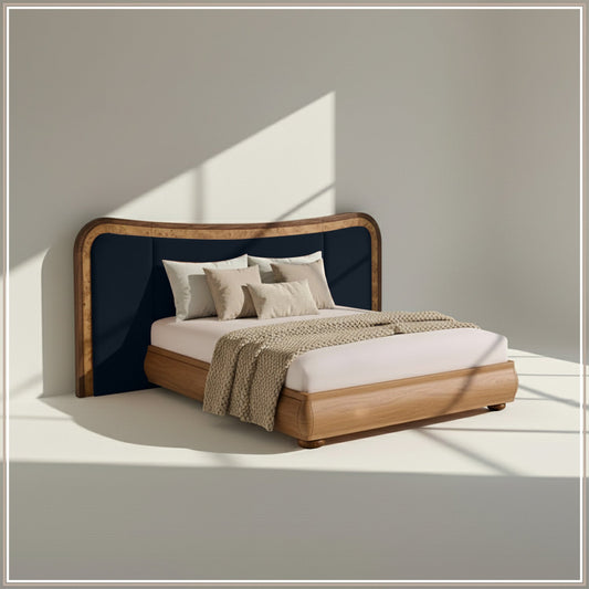 Elowen Softline King Size Bed in Royal Blue velvet With Oak wood Frame & Hydraulic Storage