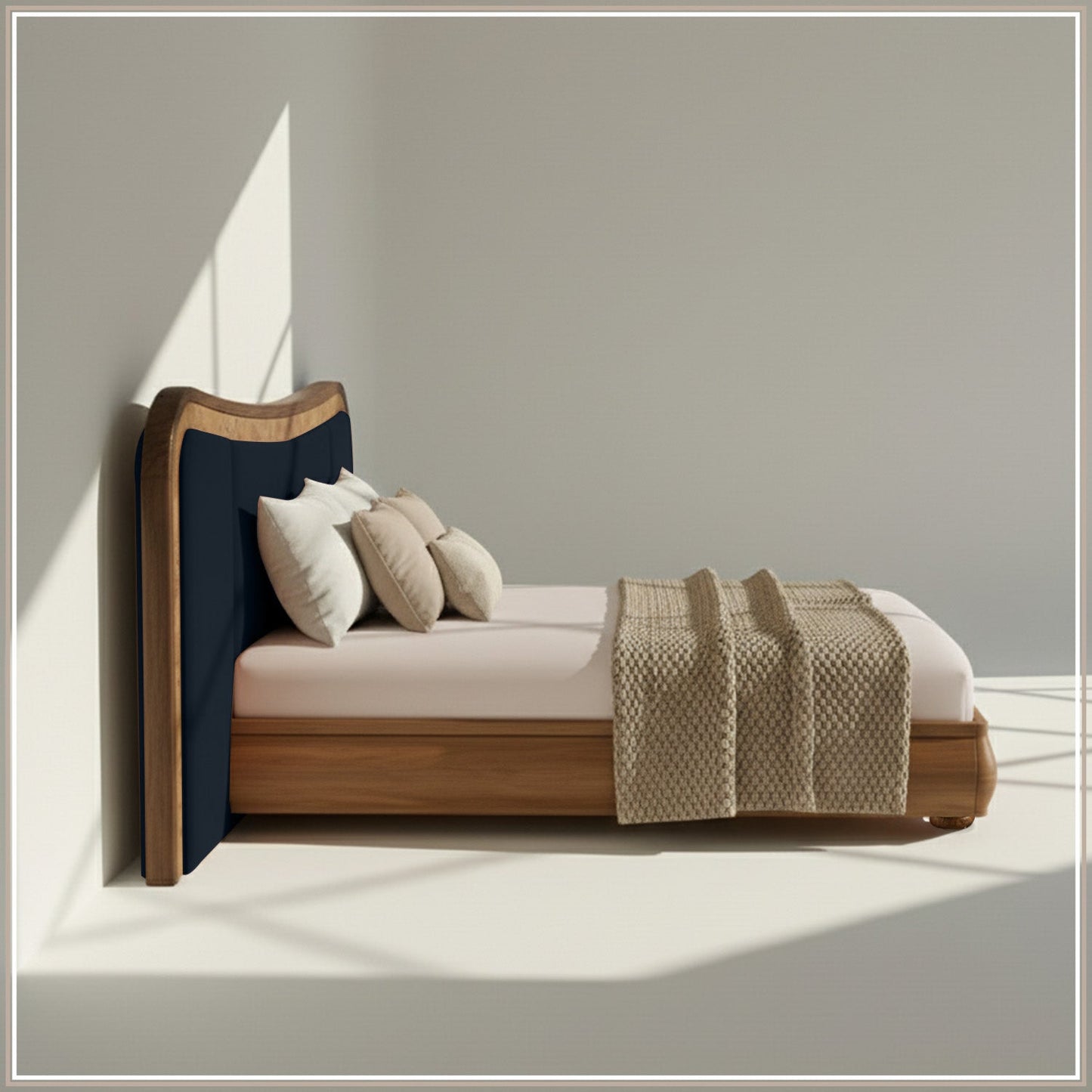 Elowen Softline King Size Bed in Royal Blue velvet With Oak wood Frame & Hydraulic Storage