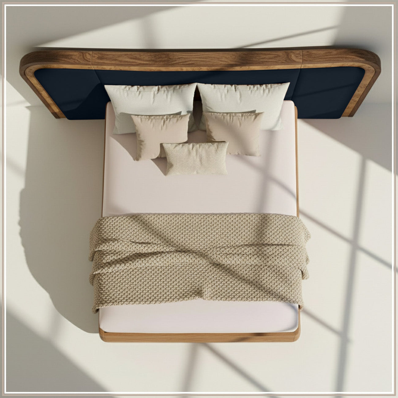 Elowen Softline Queen Size Bed in Royal Blue Velvet with Oak wood Frame & Hydraulic Storage