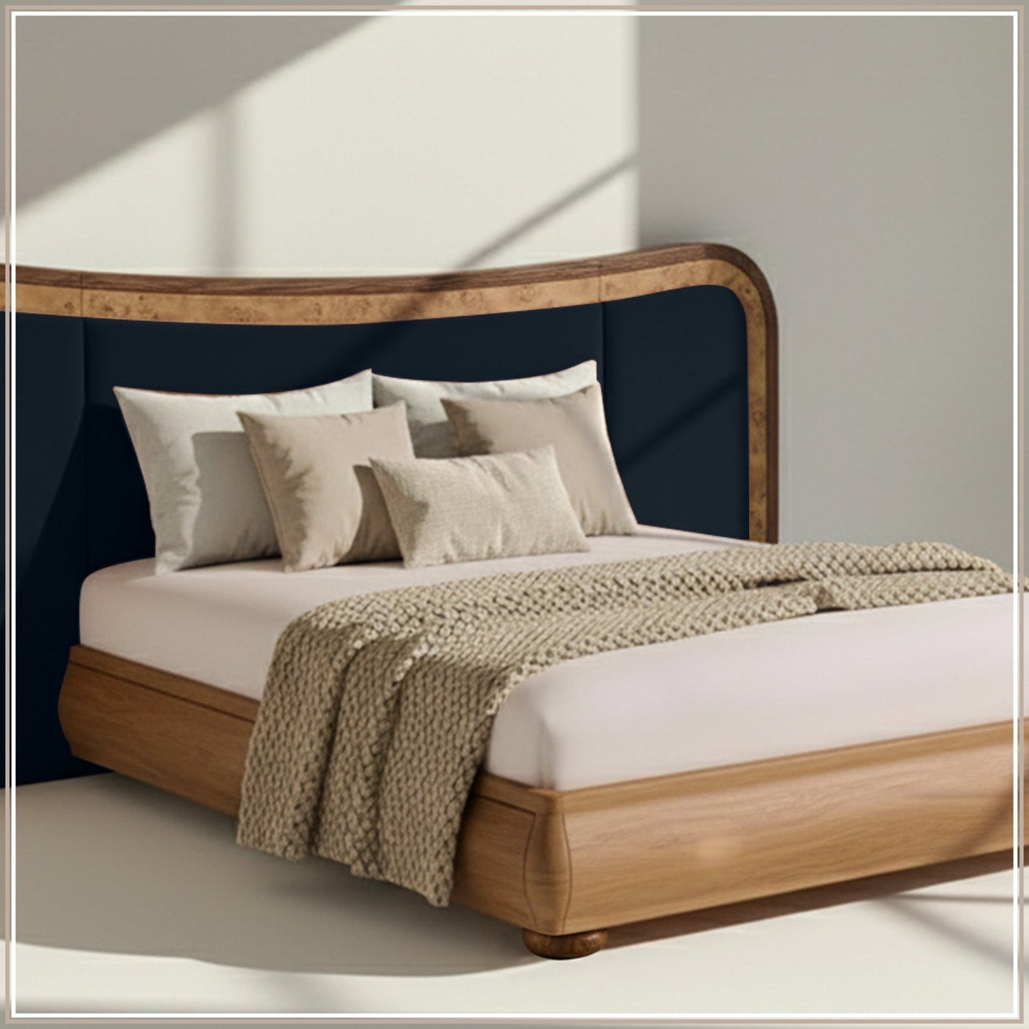 Elowen Softline King Size Bed in Royal Blue velvet With Oak wood Frame & Hydraulic Storage