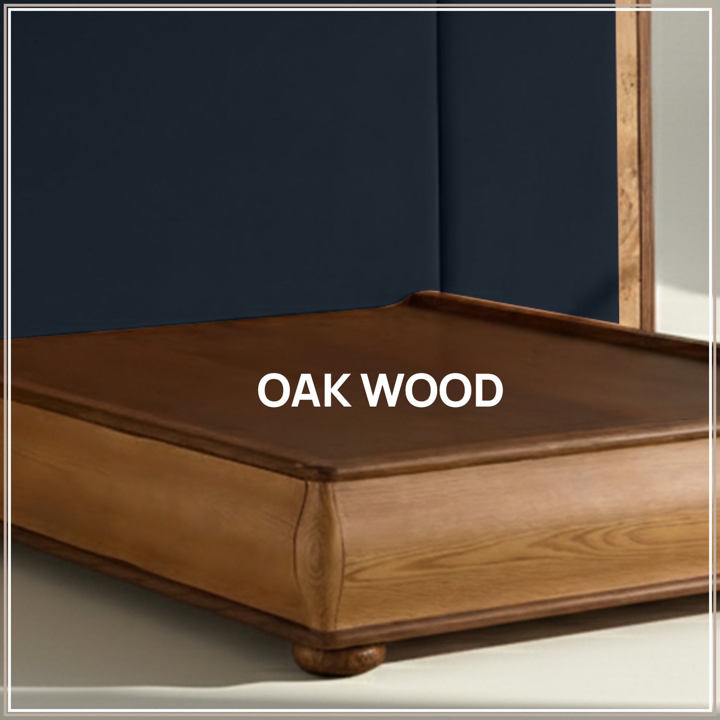 Elowen Softline King Size Bed in Royal Blue velvet With Oak wood Frame & Hydraulic Storage