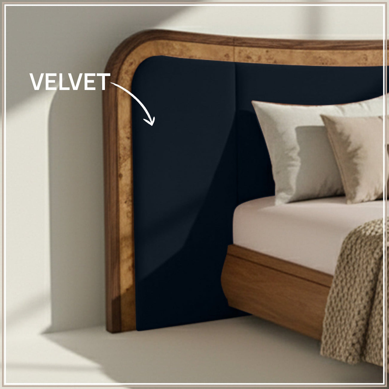 Elowen Softline Queen Size Bed in Royal Blue Velvet with Oak wood Frame & Hydraulic Storage